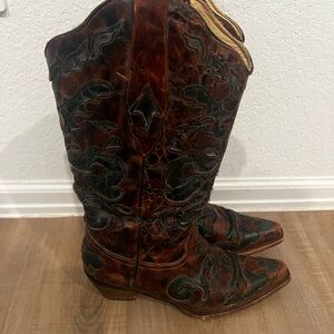 Brown and Black Embroidered Heeled Boots